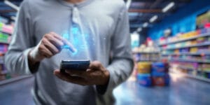 Cliente fazendo compras online pelo celular com recomendações personalizadas geradas por inteligência artificial, ilustrando o uso de IA no processo de compra no varejo.